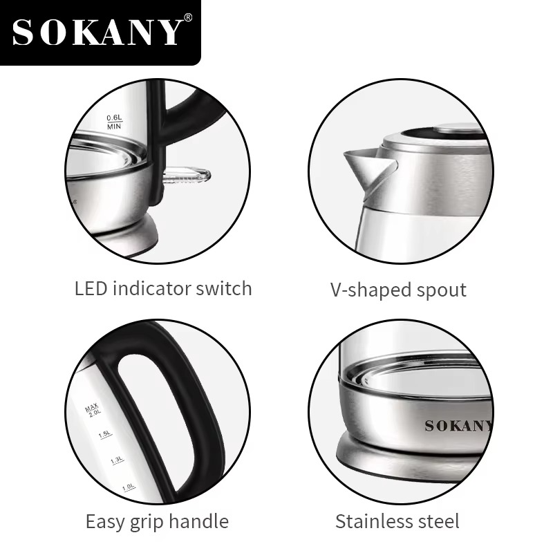 Bouilloire Électrique Sokany 2L – Verre Transparent